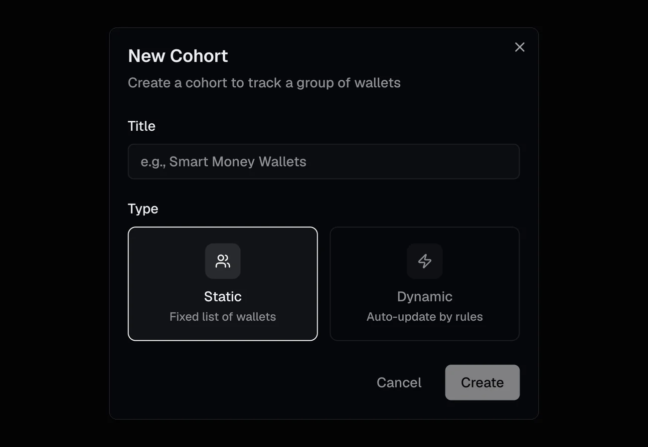 The New Cohort dialog: a title field, then a choice between Static, a fixed list of wallets, and Dynamic, which auto-updates by rules